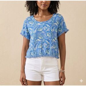Masseys Tropical Palm Print Top Women's L Blue Fringe Trim Boho Hawaiian Vacay